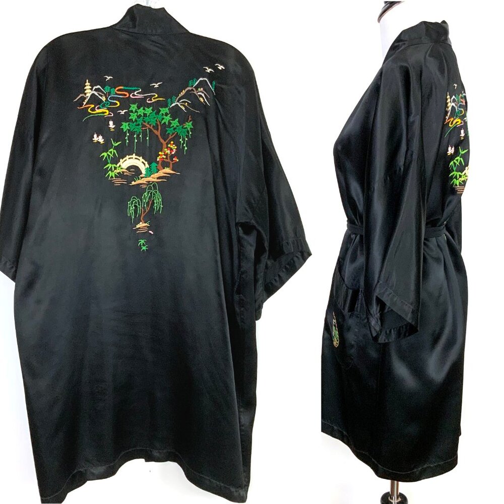 Vintage Longevity Black Satin Rayon Hand Embroidered Kimono Robe Sz M - Picture 8 of 16